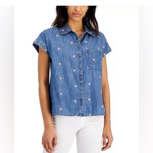 Style& Co mushroom print jean shirt